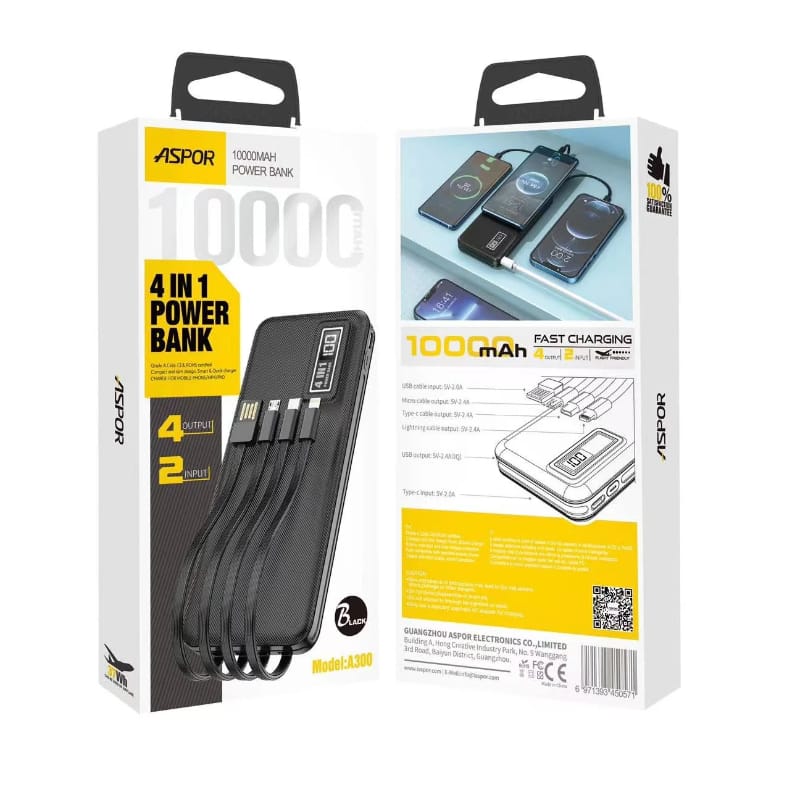 ASPOR A300 POWER BANK ORIGINAL 10,000MAH LI-POLYMER BATTERY 4 IN 1