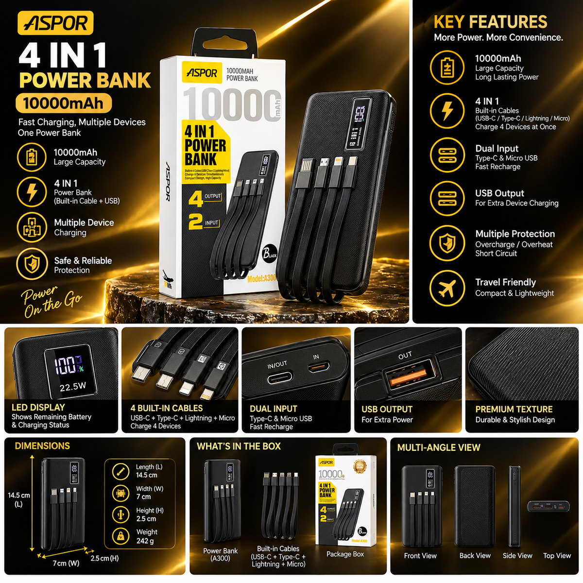 ASPOR A300 POWER BANK ORIGINAL 10,000MAH LI-POLYMER BATTERY 4 IN 1