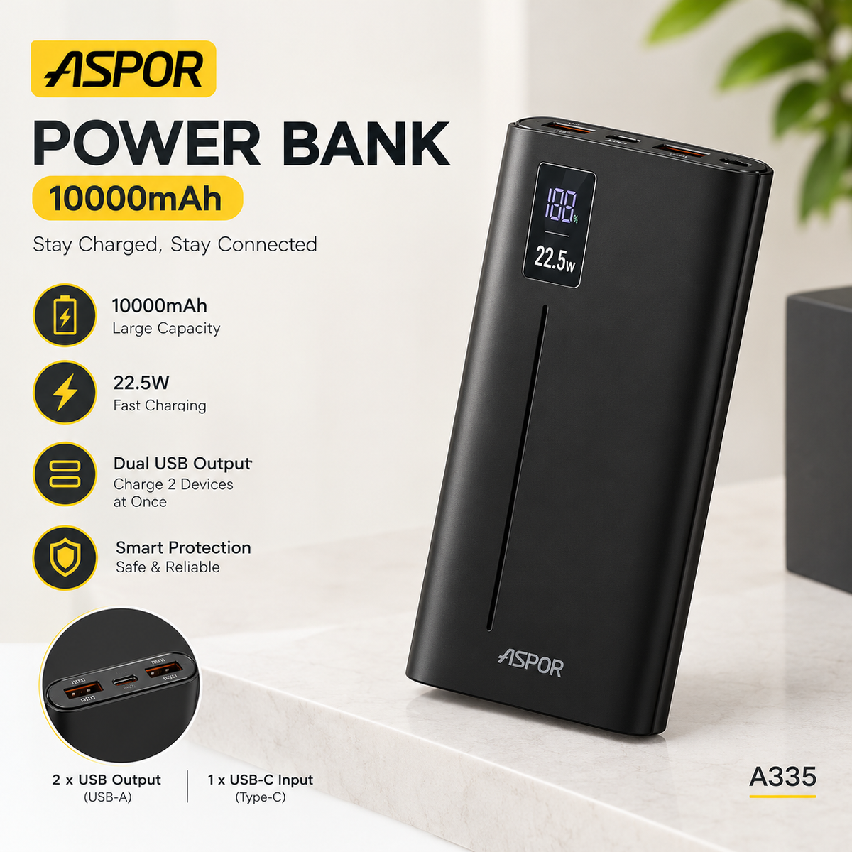 ASPOR A335 POWER BANK 10,000MAH 22.5W PD+QC 3.0 WITH LCD DIGITAL DISPLAY