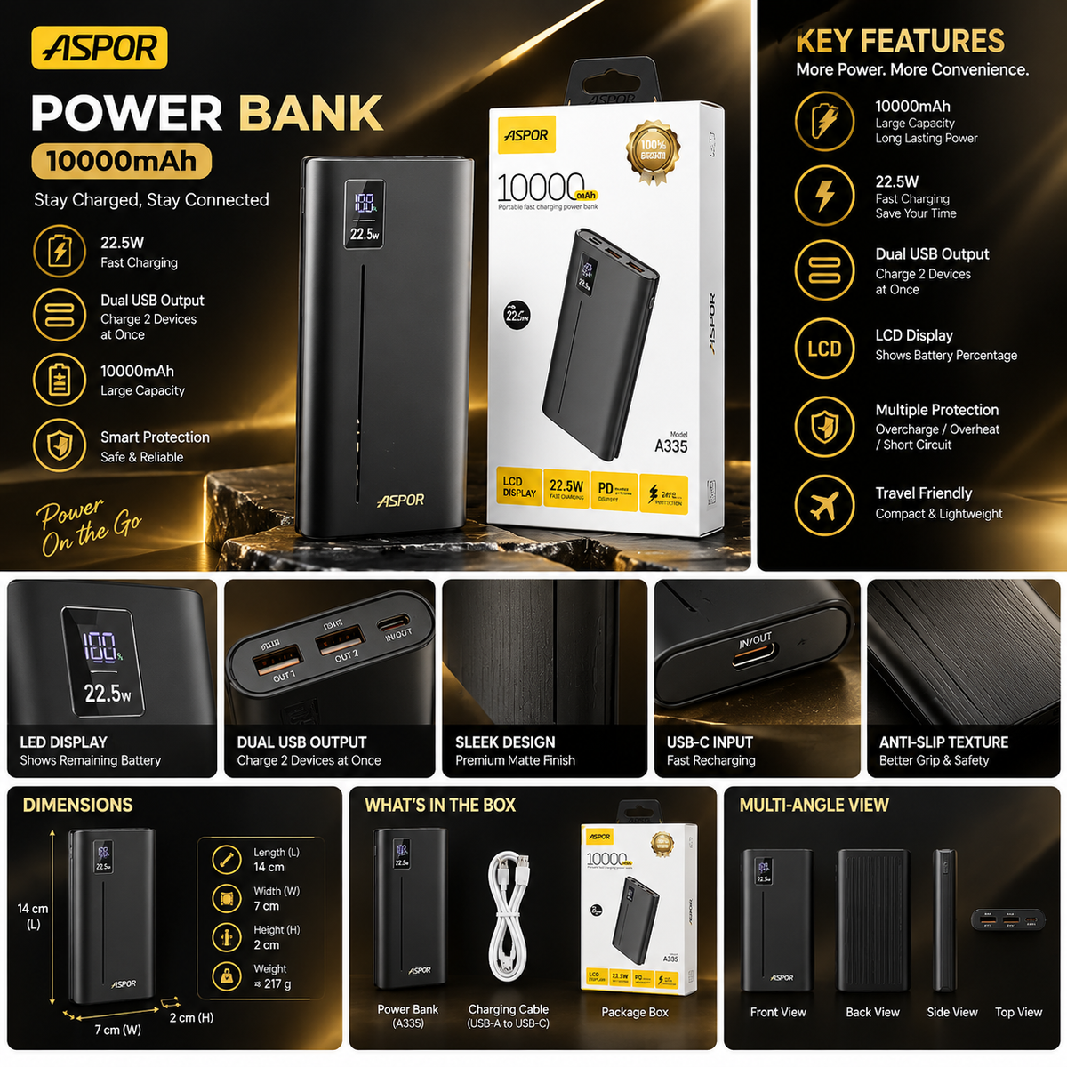 ASPOR A335 POWER BANK 10,000MAH 22.5W PD+QC 3.0 WITH LCD DIGITAL DISPLAY