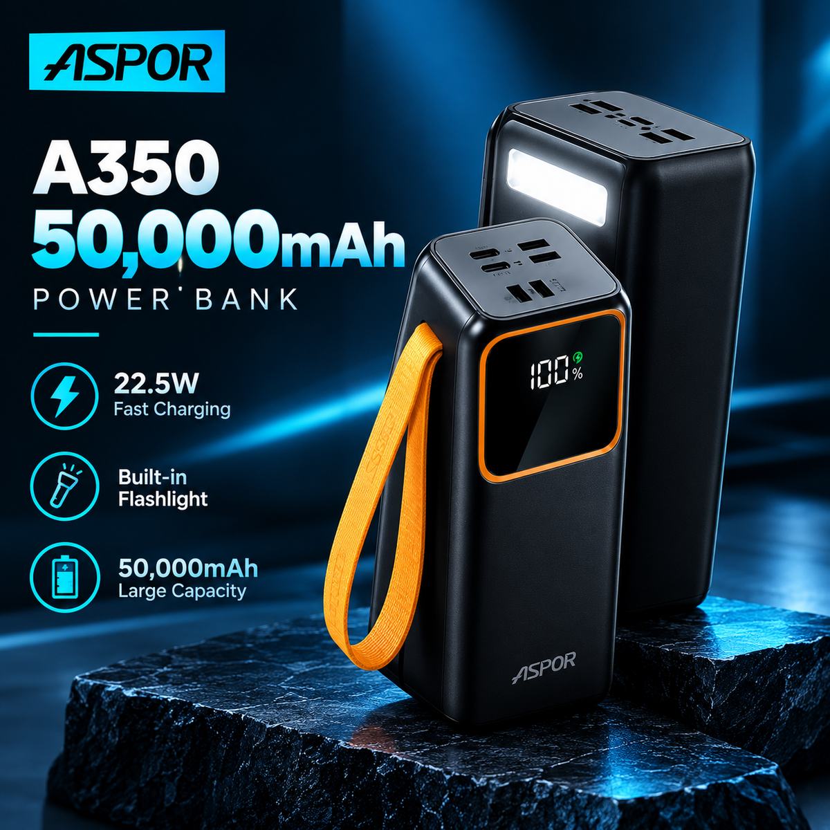 ASPOR A350 22.5W 50,000MAH FAST CHARGING TYPE-C MICRO IOS 7 OUTPUT WITH BUILT-IN FLASHLIGHT POWER BANK