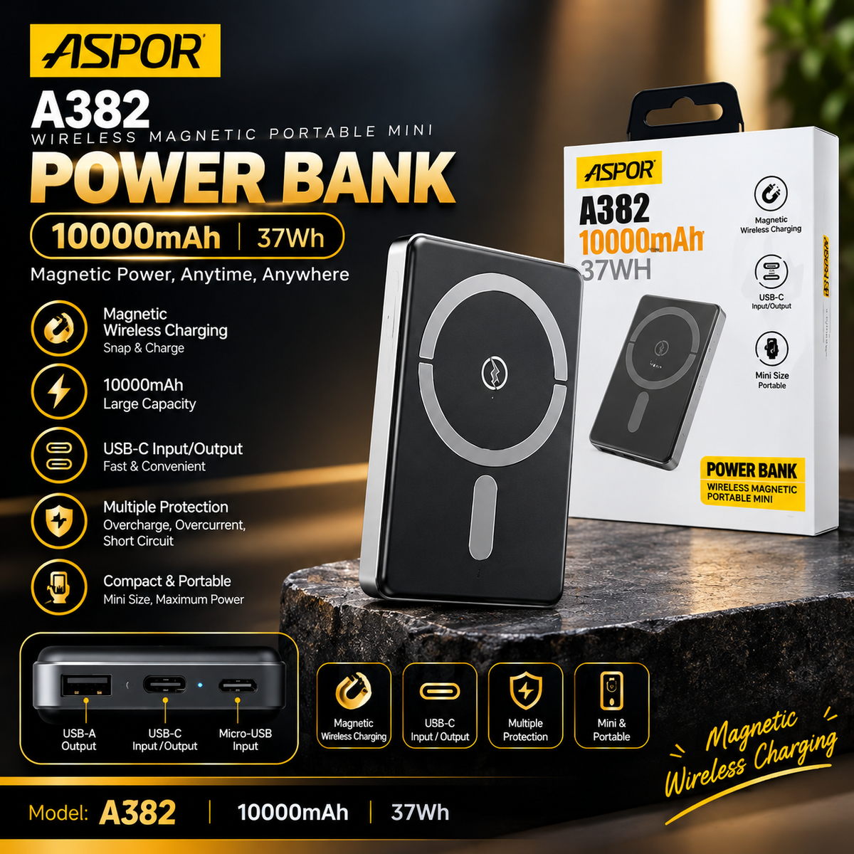 ASPOR A382 WIRELESS MAGNETIC PORTABLE MINI 10,000MAH 37WH WIRELESS POWER BANK