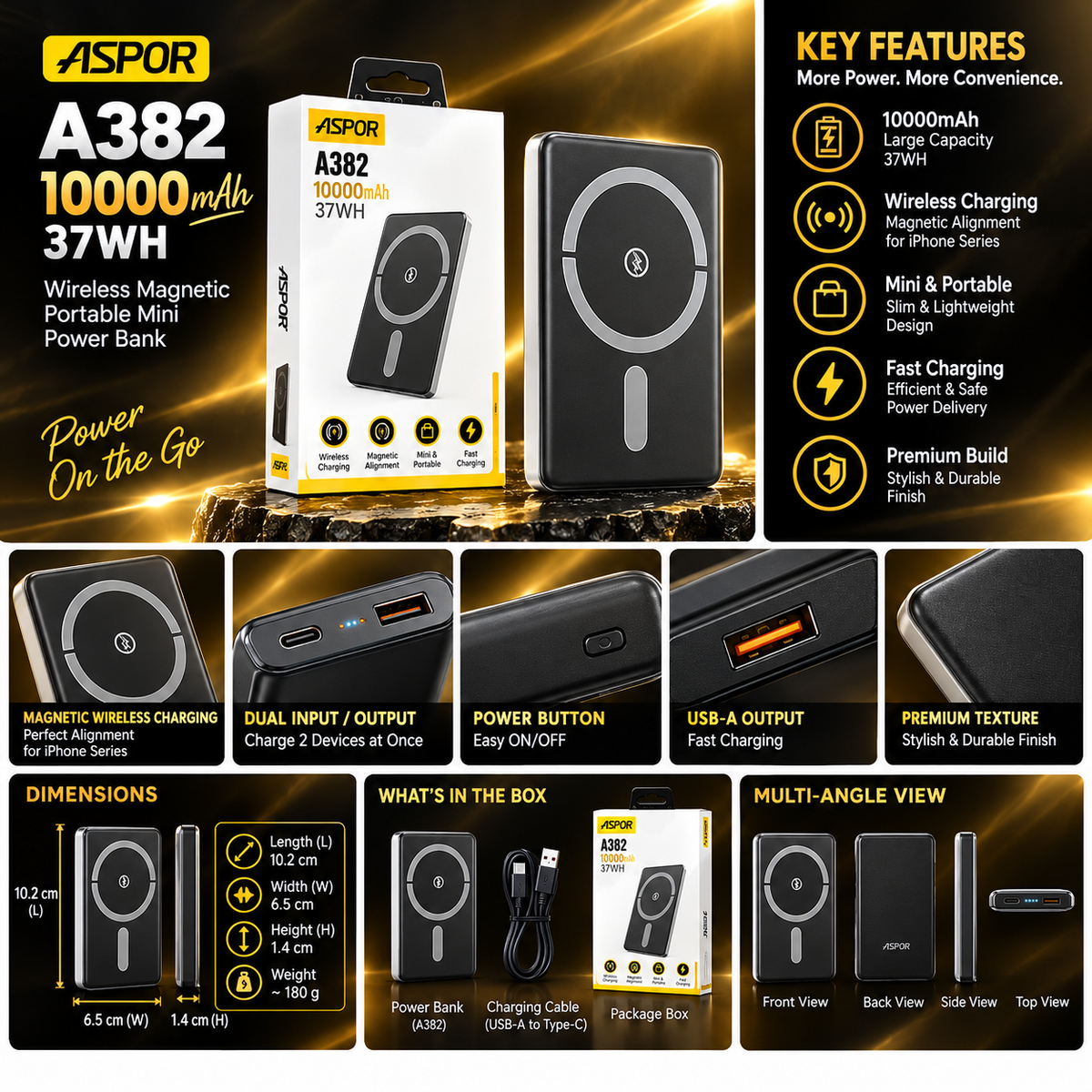 ASPOR A382 WIRELESS MAGNETIC PORTABLE MINI 10,000MAH 37WH WIRELESS POWER BANK