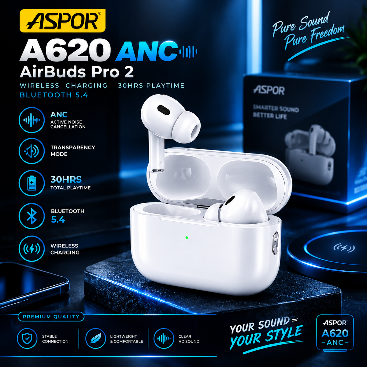 ASPOR A620 ANC AirBuds Pro 2 Wireless Earbuds