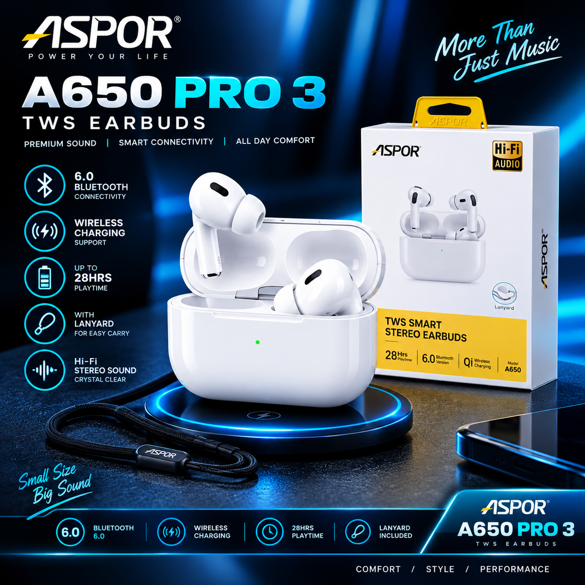 ASPOR A650 Pro 3 TWS Wireless Earbuds with Wireless Charging & Lanyard
