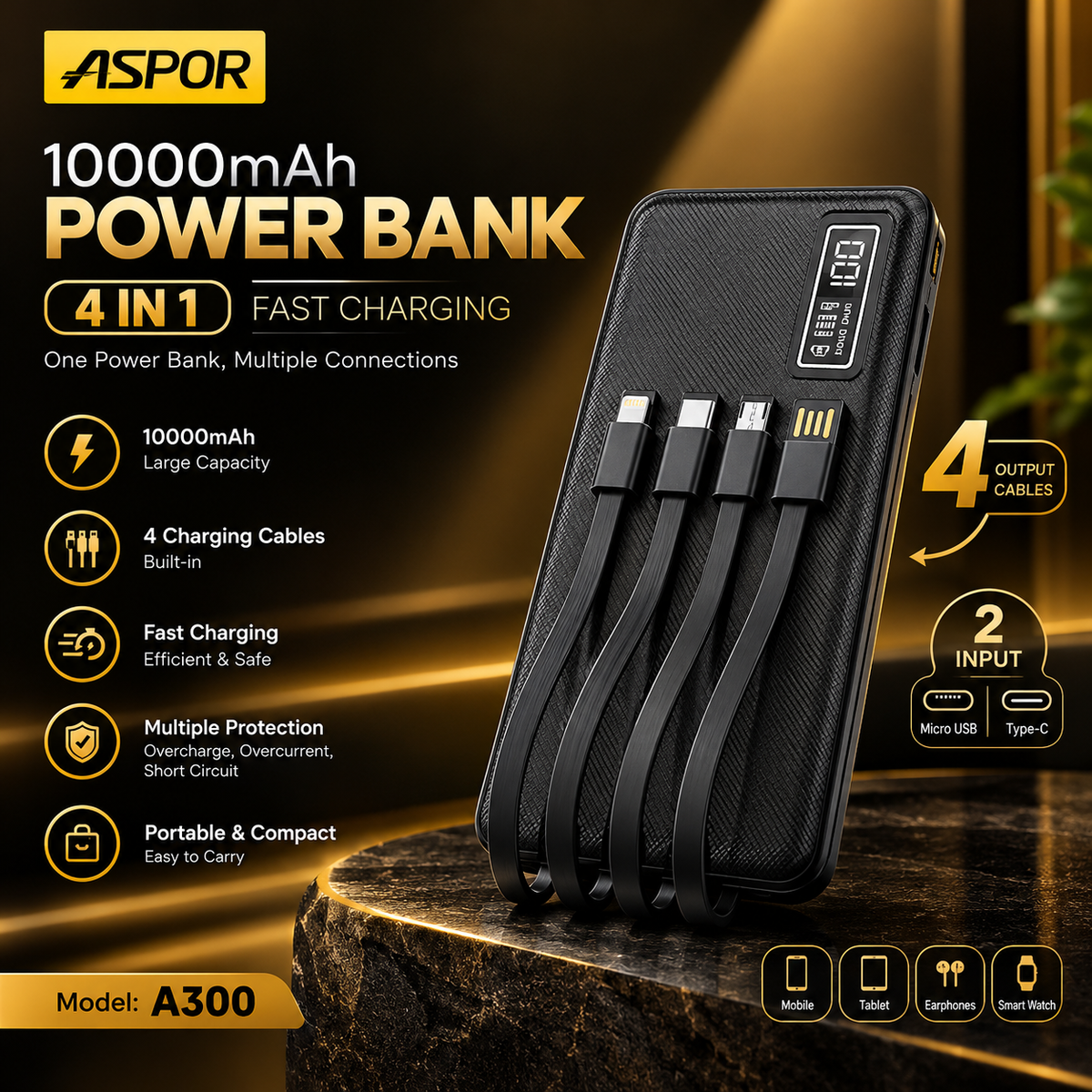 ASPOR A300 POWER BANK ORIGINAL 10,000MAH LI-POLYMER BATTERY 4 IN 1