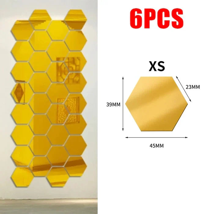 Pack of 6. Hexagon Mirror Wall Sticker Sets