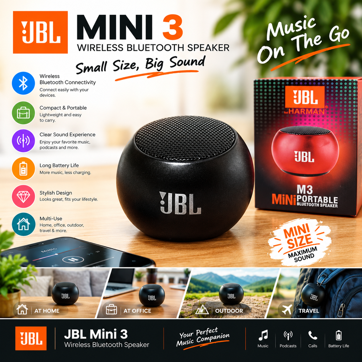 JBL M3 Mini Portable Bluetooth Speaker High Copy