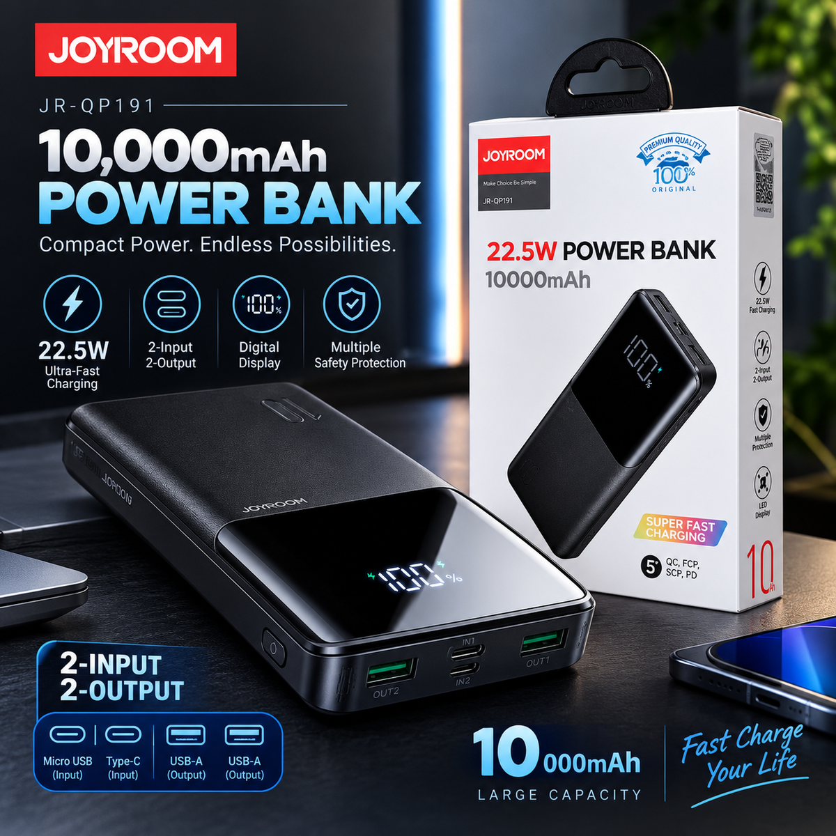 Joyroom Jr-Qp191 10,000mah 22.5w Ultra-Fast Charging Power Bank 2-Input 2-Output