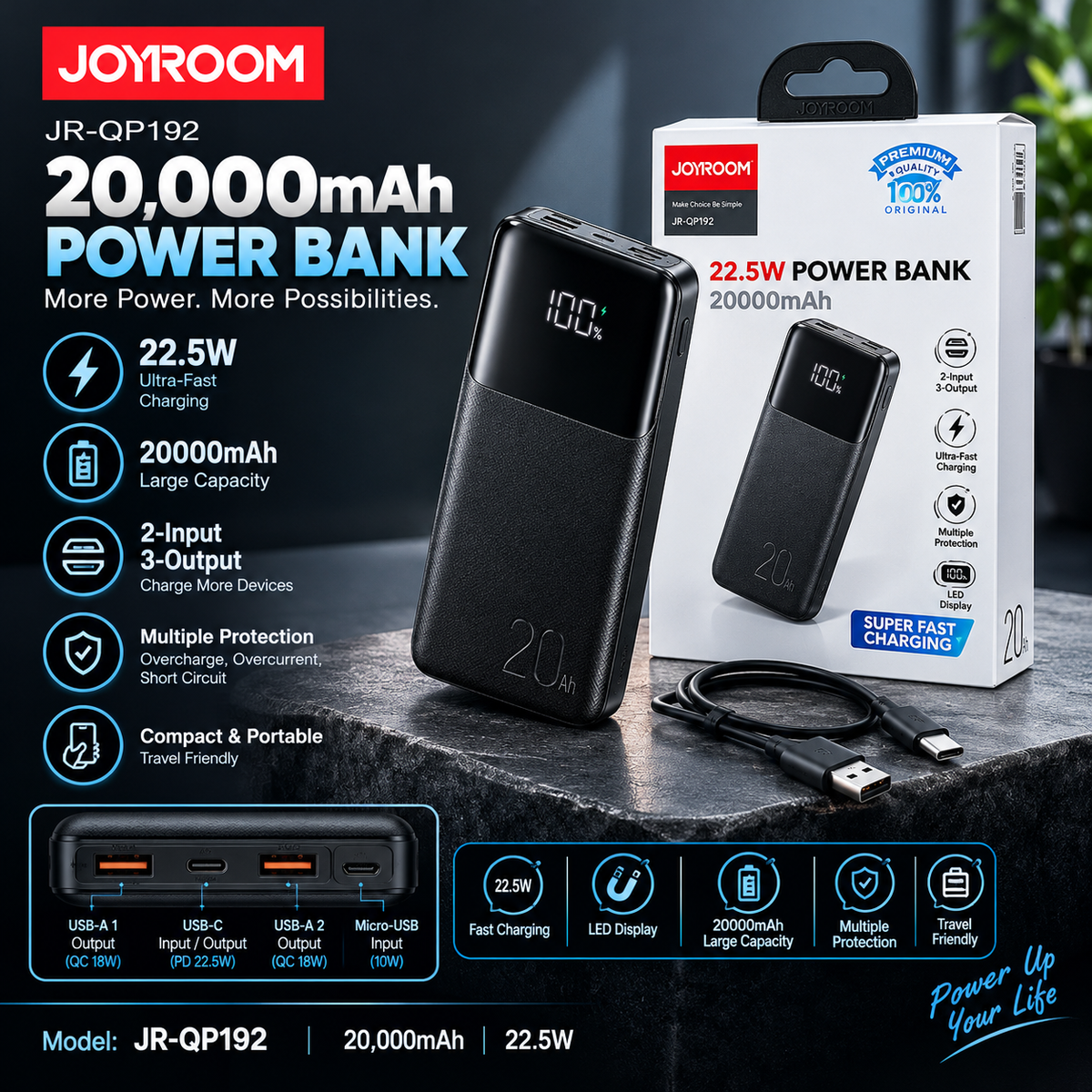 JOYROOM JR-QP192 20,000mAh 22.5W Ultra-Fast Charging Power Bank 2-Input 3-Output