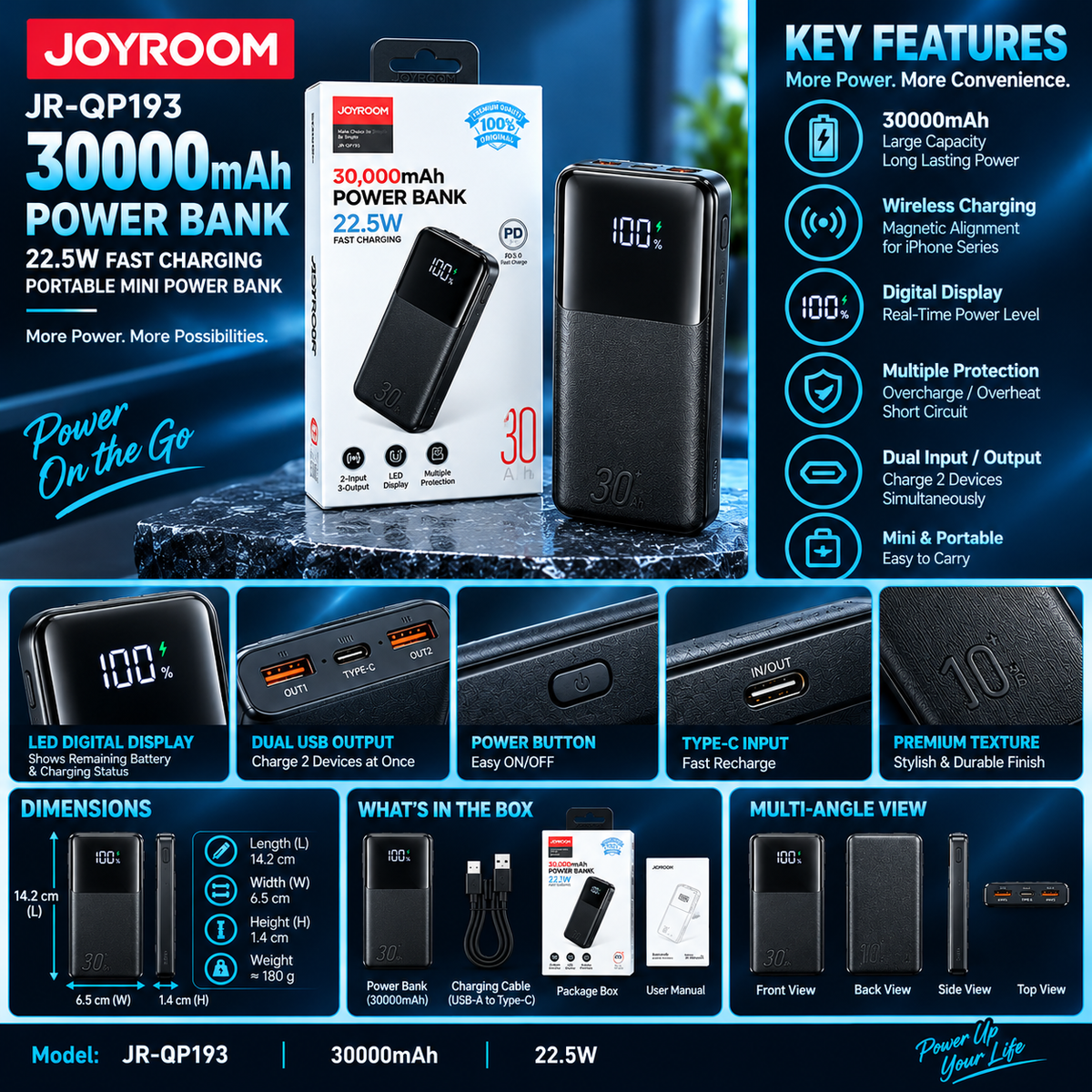 Joyroom JR-Qp193 22.5W 30,000mAh 2 Inputs 3 Output Power Bank LED Display PD 3.0 QC 3.0