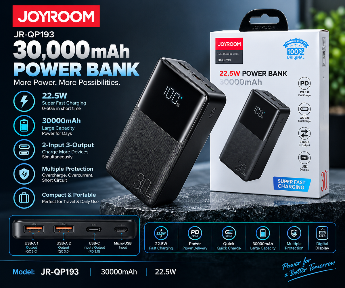 Joyroom JR-Qp193 22.5W 30,000mAh 2 Inputs 3 Output Power Bank LED Display PD 3.0 QC 3.0