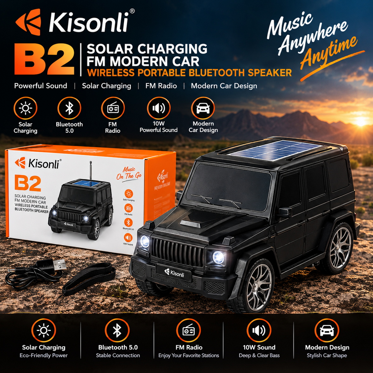 KISONLI B2 10W SOLAR CHARGING FM MODERN CAR WIRELESS PORTABLE BLUETOOTH SPEAKER