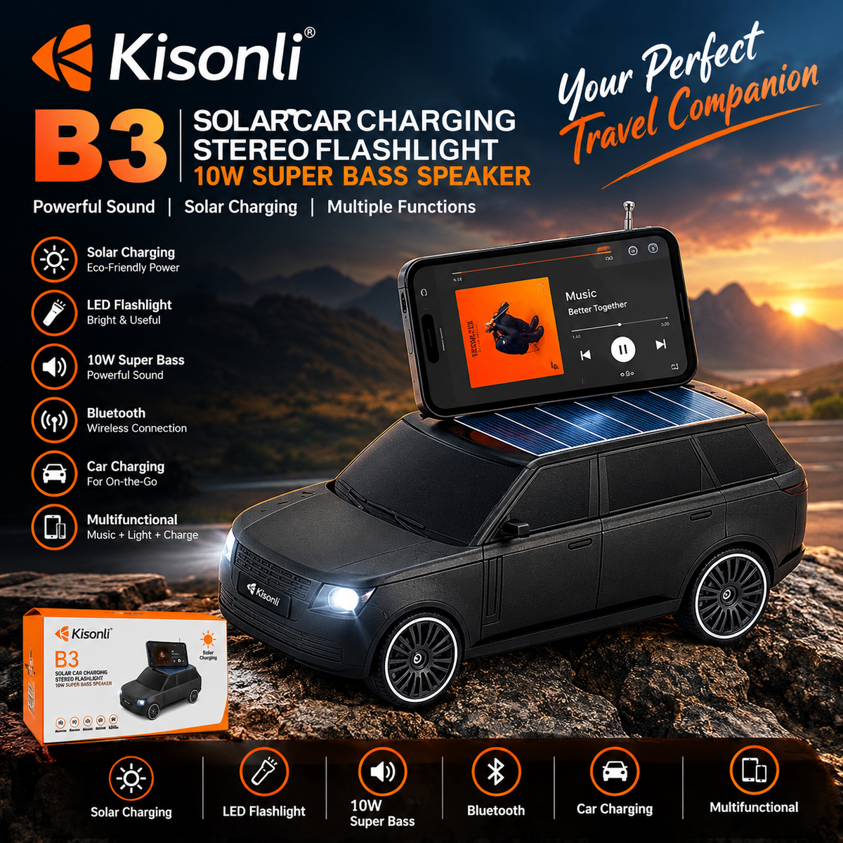KISONLI B3 SOLAR CAR CHARGING STEREO FLASHLIGHT 10W SUPER BASS SPEAKER