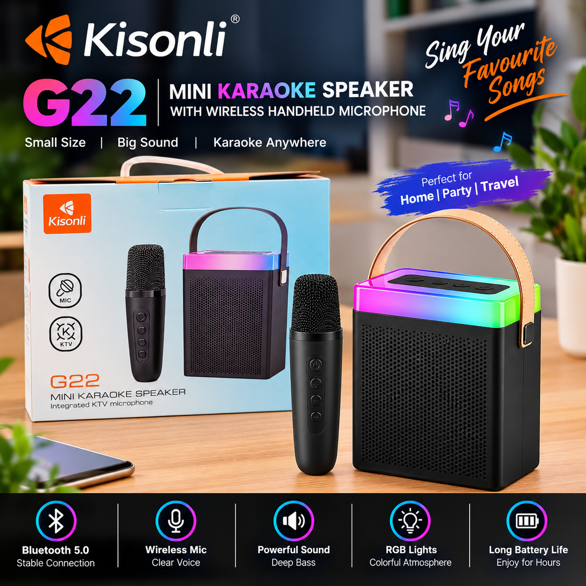 KISONLI G22 MINI BT PORTABLE KARAOKE SPEAKER WITH WIRELESS HANDHELD MICROPHONE