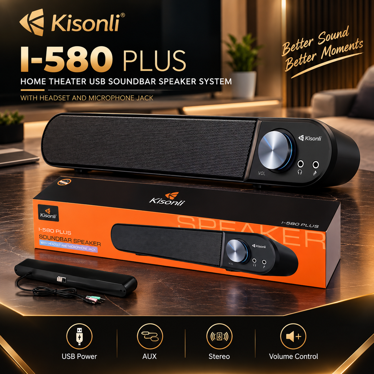 KISONLI I-580 PLUS HOME THEATER USB SOUNDBAR SPEAKER SYSTEM WITH HEADSET AND MICROPHONE JACK
