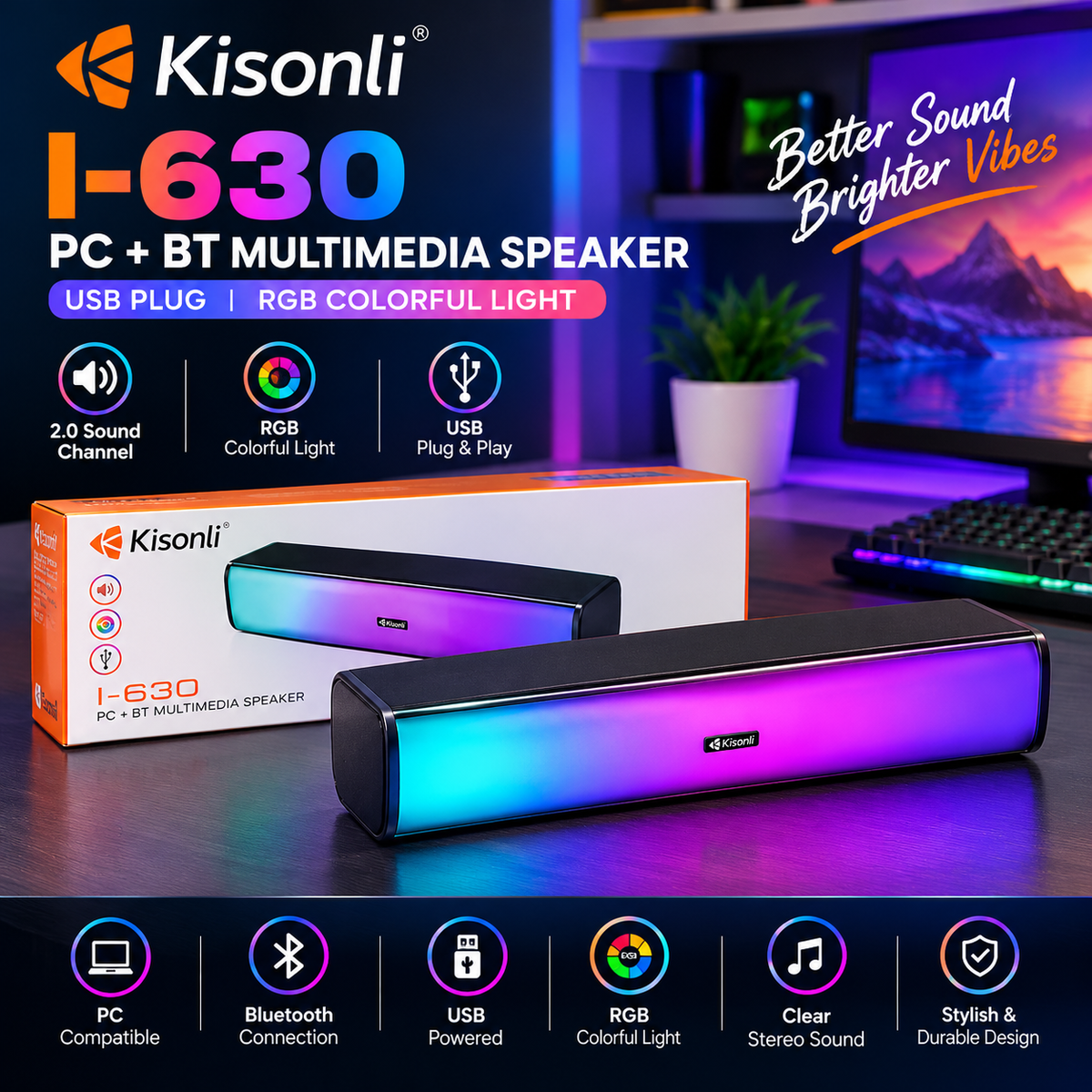 KISONLI I-630 SPEAKER PC + BT MULTIMEDIA USB PLUG RGB COLORFUL LIGHT