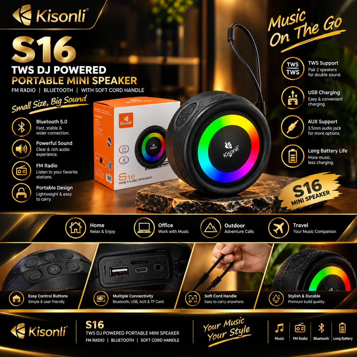 KISONLI S16 TWS DJ POWERED PORTABLE MINI FM RADIO BLUETOOTH SPEAKER WITH SOFT CORD HANDLE