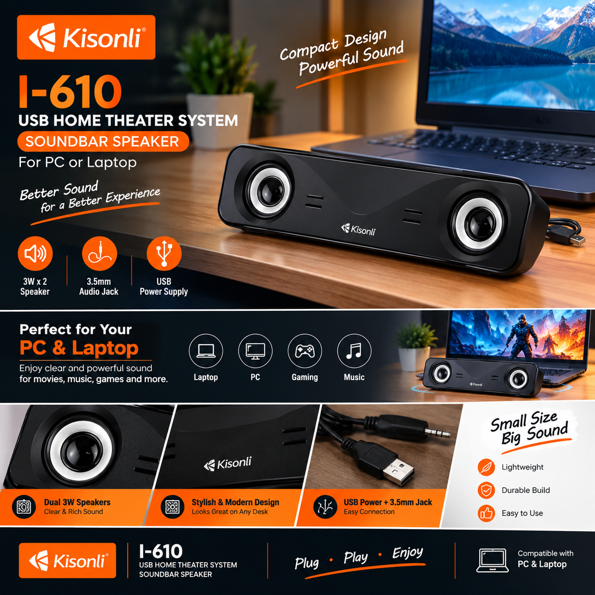 KISONLI I-610 USB HOME THEATER SYSTEM SOUNDBAR SPEAKER FOR PC OR LAPTOP