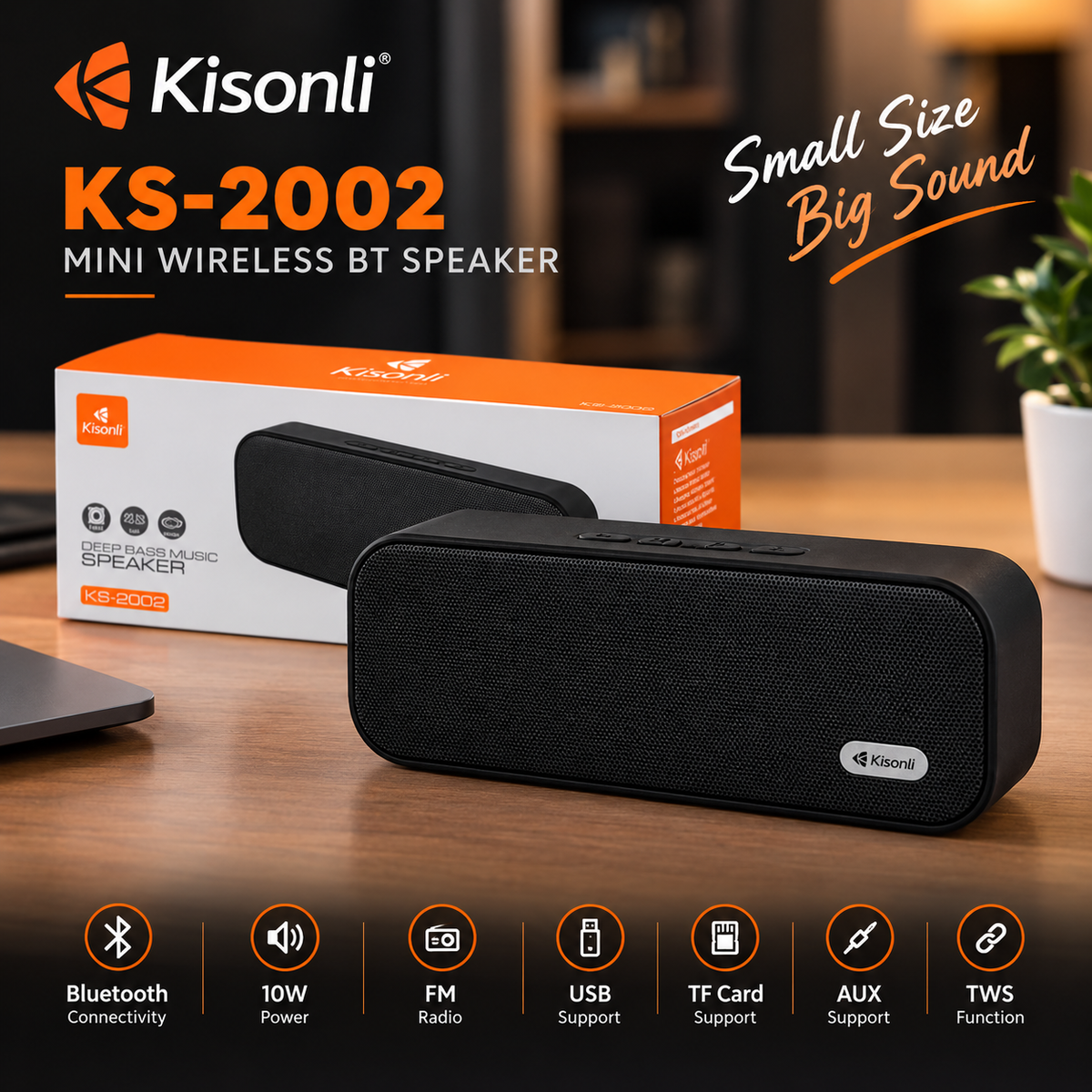 Kisonli Ks-2002 10W BT/FM/USB/TF/AUX/TWS Super Bass Mini Bluetooth Speaker