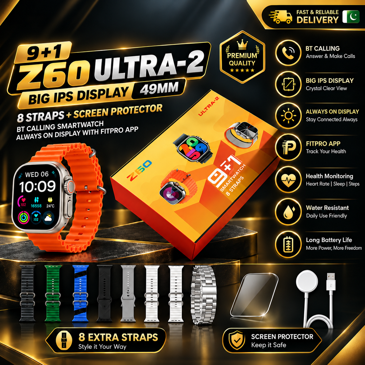 9+1 Z60 ULTRA-2 BIG IPS DISPLAY 49MM 8 STRAPs + SCREEN PROTECTOR BT CALLING SMARTWATCH ALWAYS ON DISPLAY
