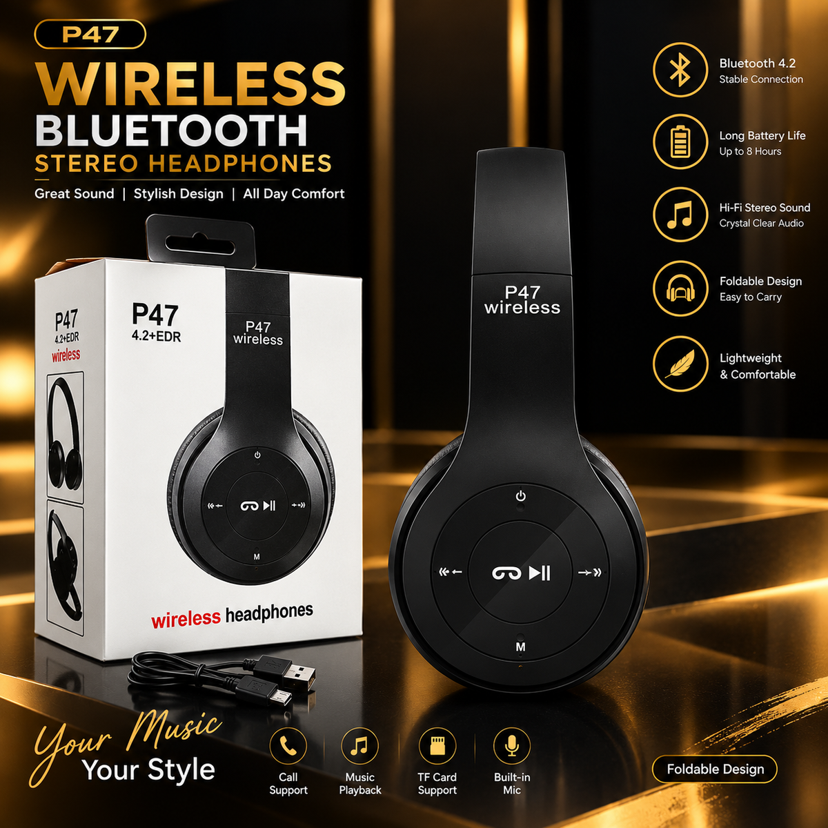 P47 Wireless Bluetooth Stereo Headphones