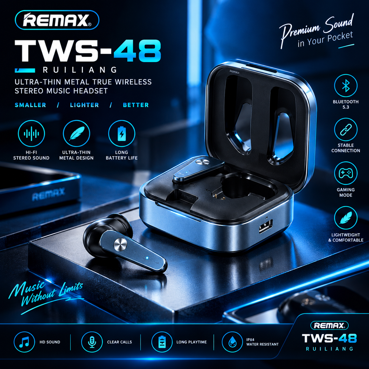 REMAX TWS-48 Ruiliang Ultra-Thin Metal Wireless Earbuds
