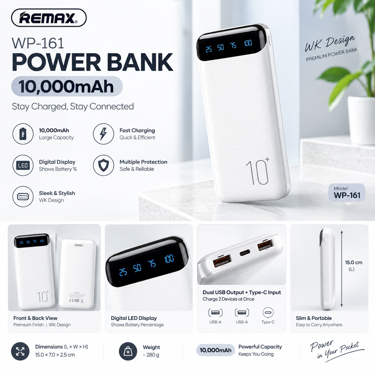 Remax WP-161 Wk Design Power Bank 10,000Mah White